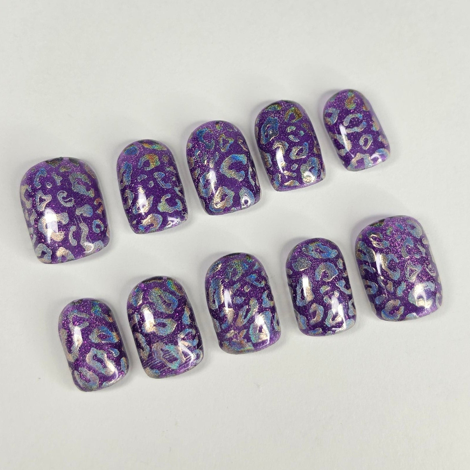 Purple Cheetah Press On Nails | Holographic Chrome Leopard Print Glitter | Short Square Oval | Medium