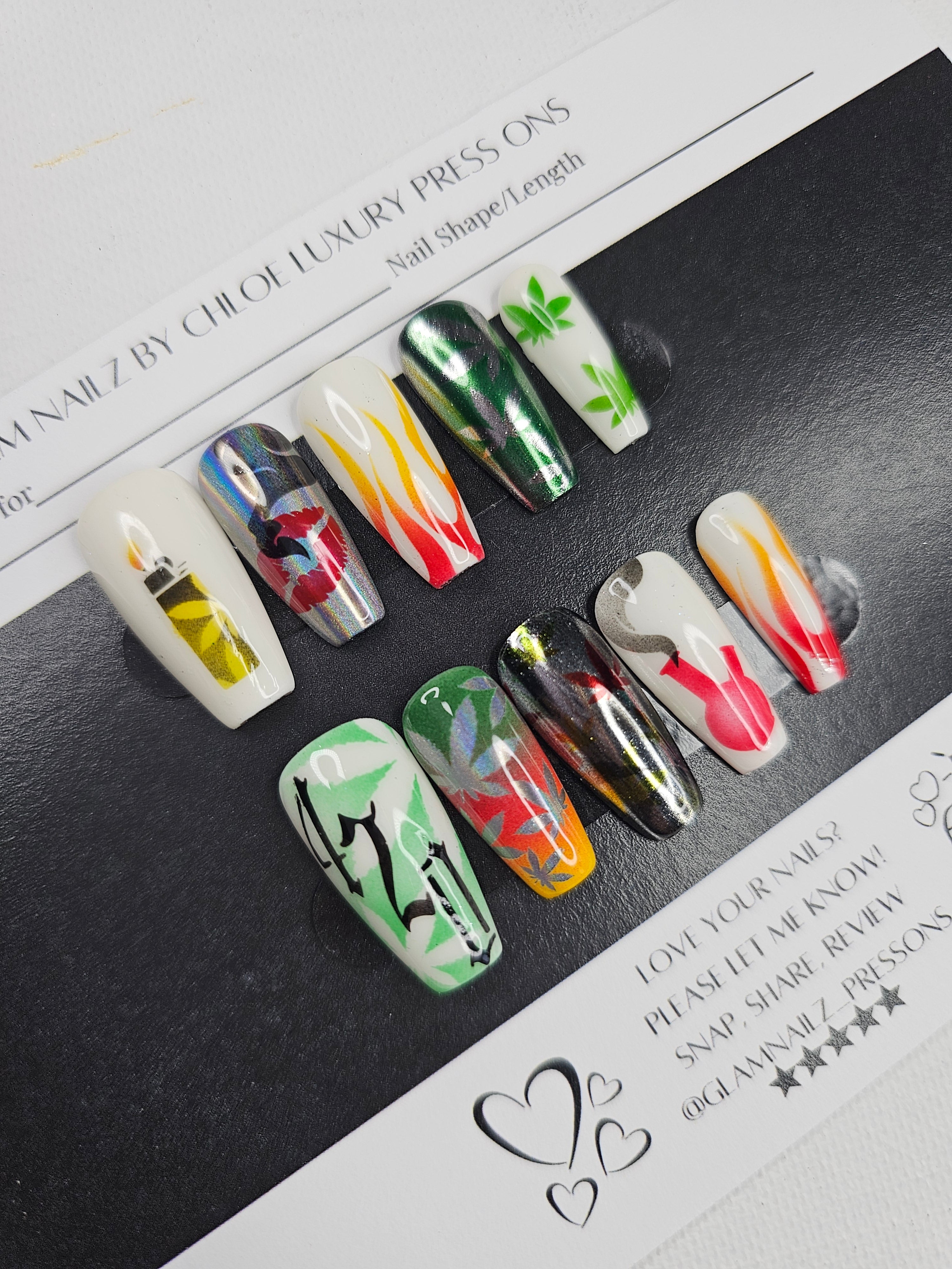 High Vibes - 420 Airbrushed Press-On Nails (Medium Ballerina) | Glam Nailz By Chloe