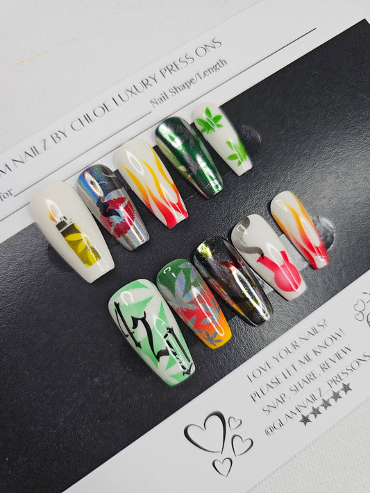 High Vibes - 420 Airbrushed Press-On Nails (Medium Ballerina) | Glam Nailz By Chloe