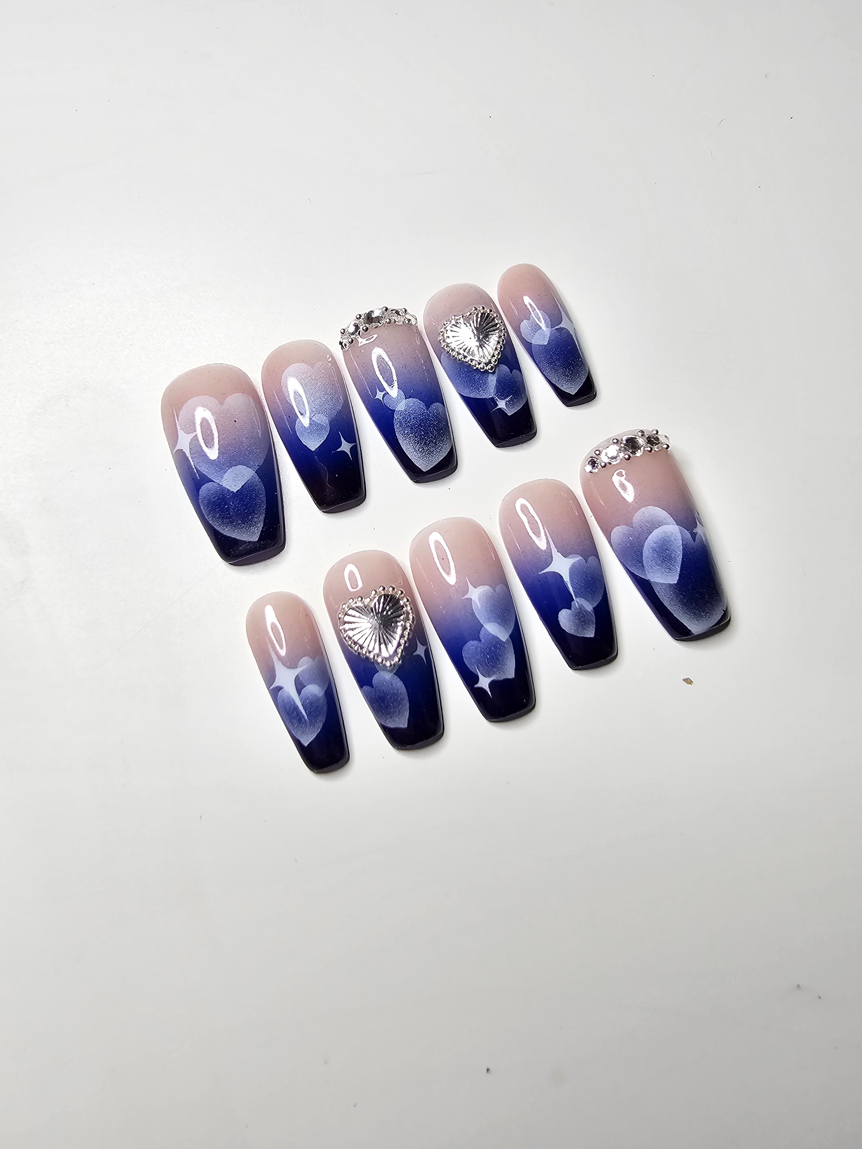 Airbrushed Blue Ombre Heart Press On Nails | Medium Coffin Valentine’s Day Nails with Silver Charms