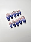 Airbrushed Blue Ombre Heart Press On Nails | Medium Coffin Valentine’s Day Nails with Silver Charms