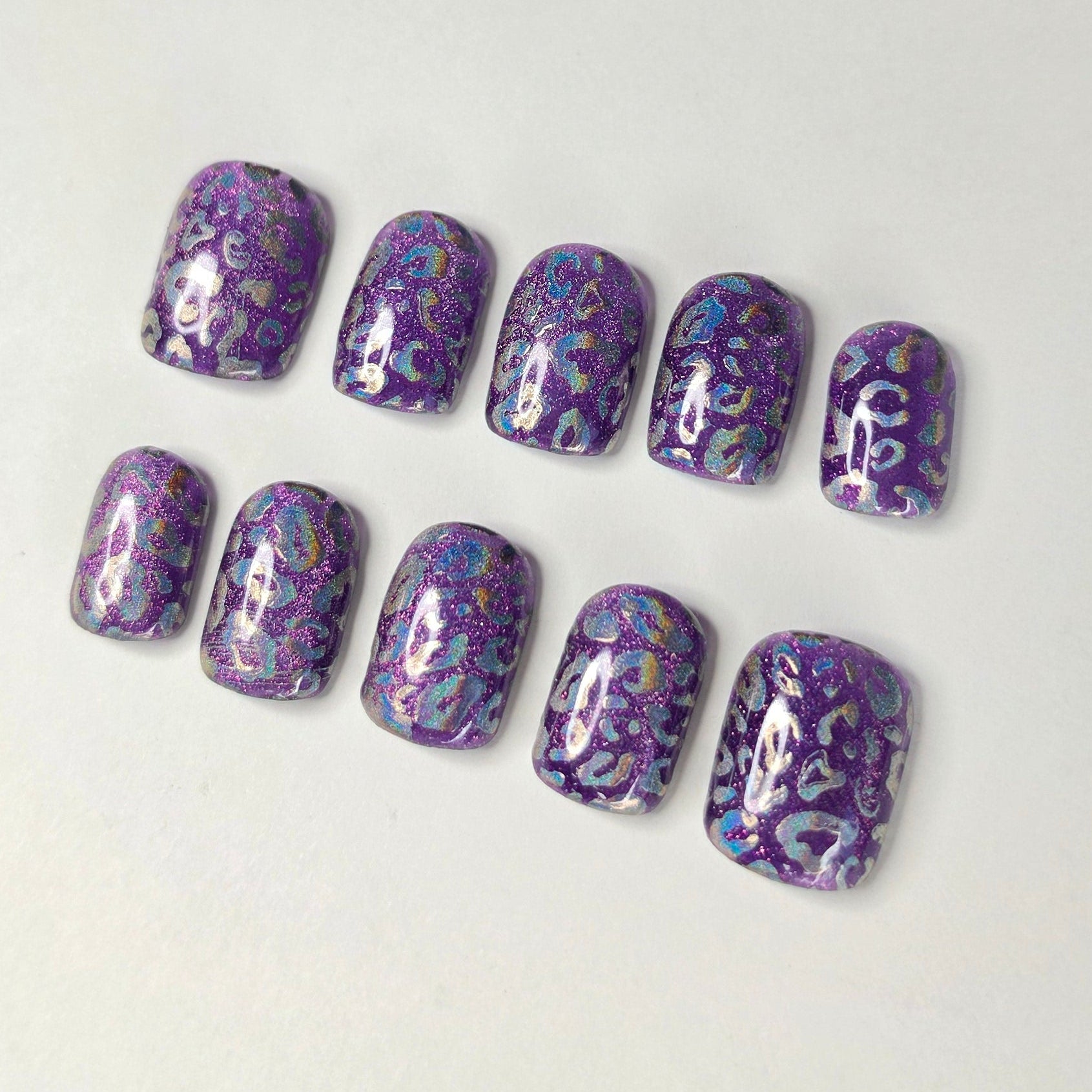 Purple Cheetah Press On Nails | Holographic Chrome Leopard Print Glitter | Short Square Oval | Medium