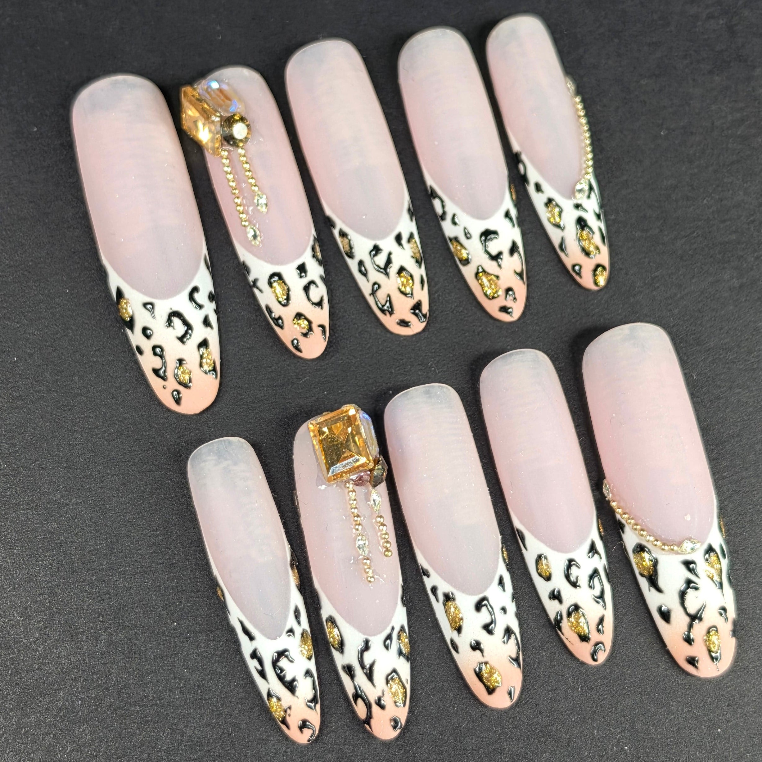 Cheetah French Press On Nails | XL Oval Leopard Print Crystal Charm | Luxury Nail Art | Medium