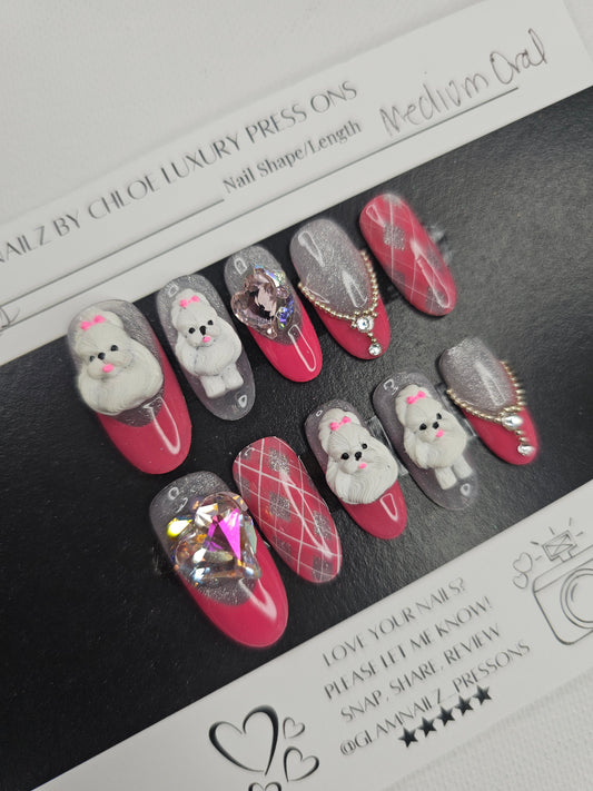 Puppy Glam - 3D Poodle, Plaid & Crystal Press-On Nails (Medium) | Glam Nailz By Chloe