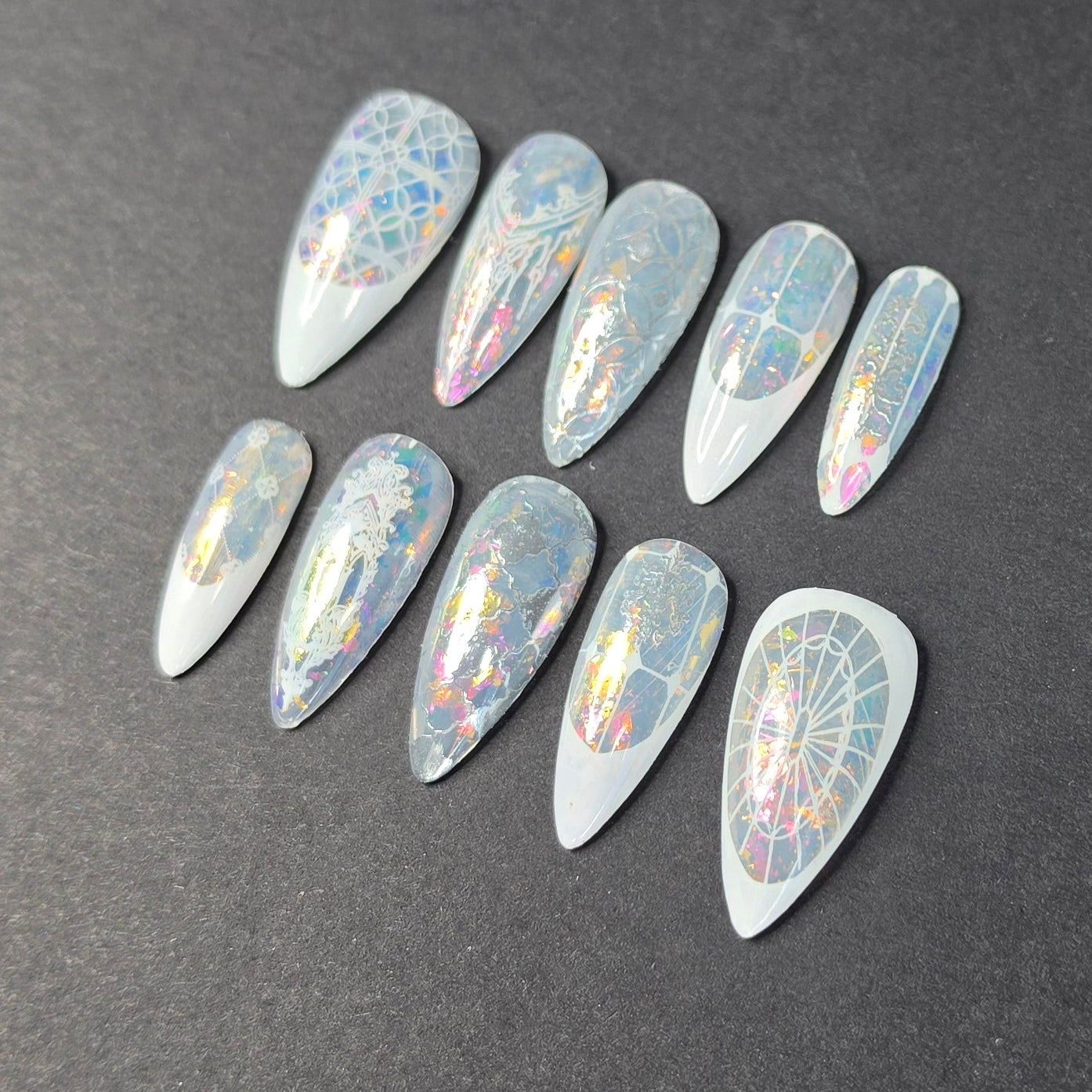 Cathedral Chrome Press On Nails | Iridescent Flake Stiletto | Stained Glass Nail Art | Medium