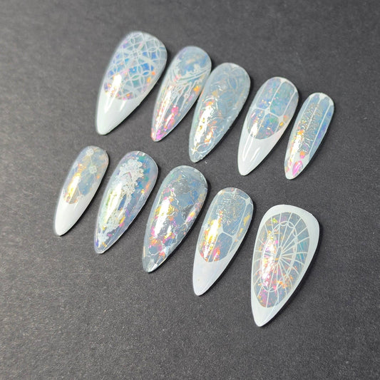 Cathedral Chrome Press On Nails | Iridescent Flake Stiletto | Stained Glass Nail Art | Medium