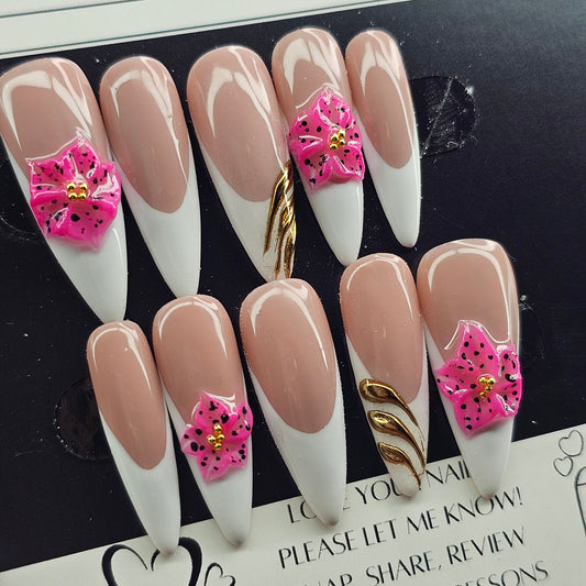 Long Stiletto Press On Nails – Classic French Tip with 3D Pink Hibiscus Flowers & Gold Chrome Swirls | Gel Nails