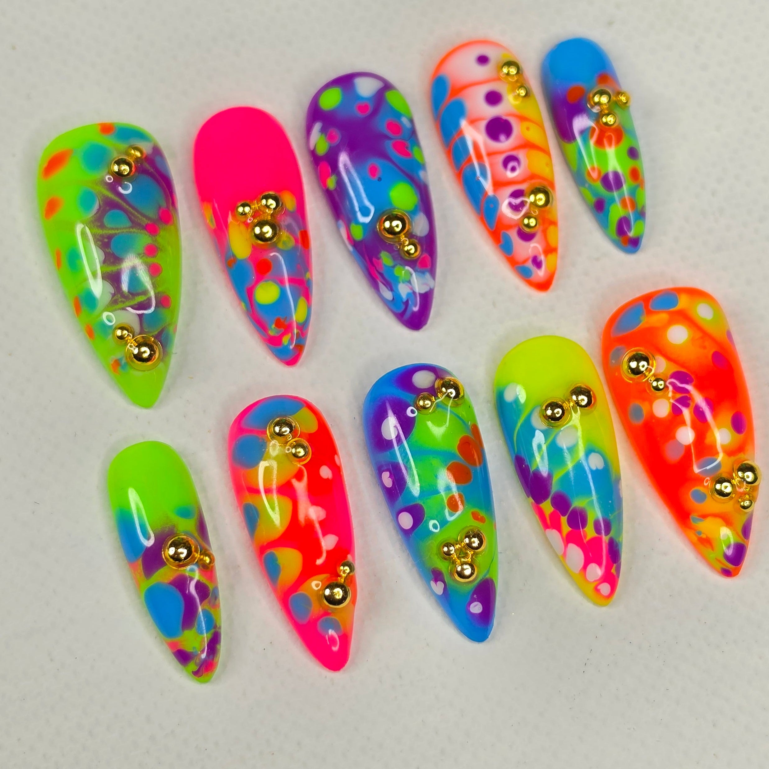 Neon Burst & Gold Studs — Luxury Press On Nails