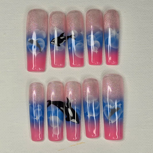 Ocean Dream" Orca & Dolphin Airbrush Press On Nails | XL Square Medium