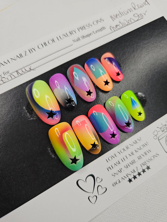 Cosmic Pop - Neon Airbrushed Geometric Press-On Nails (Medium, Round) | Glam Nailz By Chloe