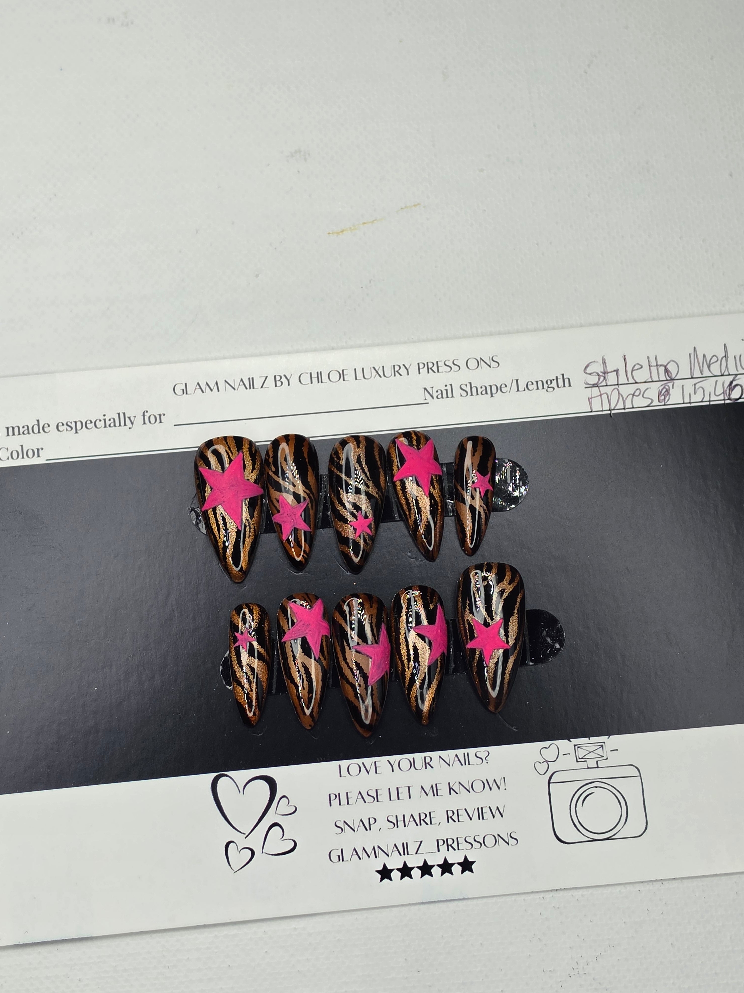 Wild Star | Medium Stiletto Press On Nails | Cat Eye Brown Zebra Print | Hot Pink Textured Stars | Handmade