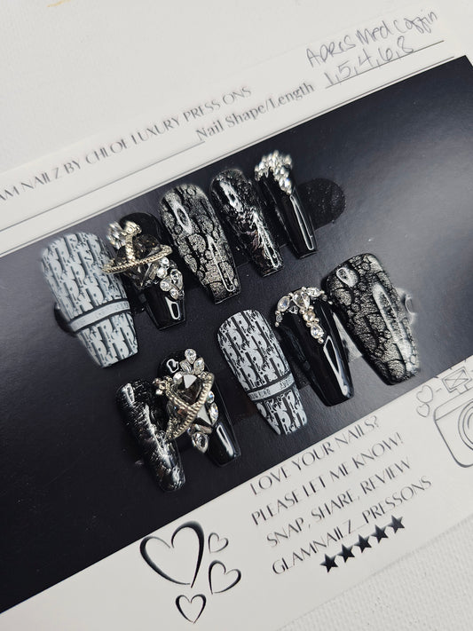 Dior-Inspired Luxury Black & White Press On Nails | Medium Coffin