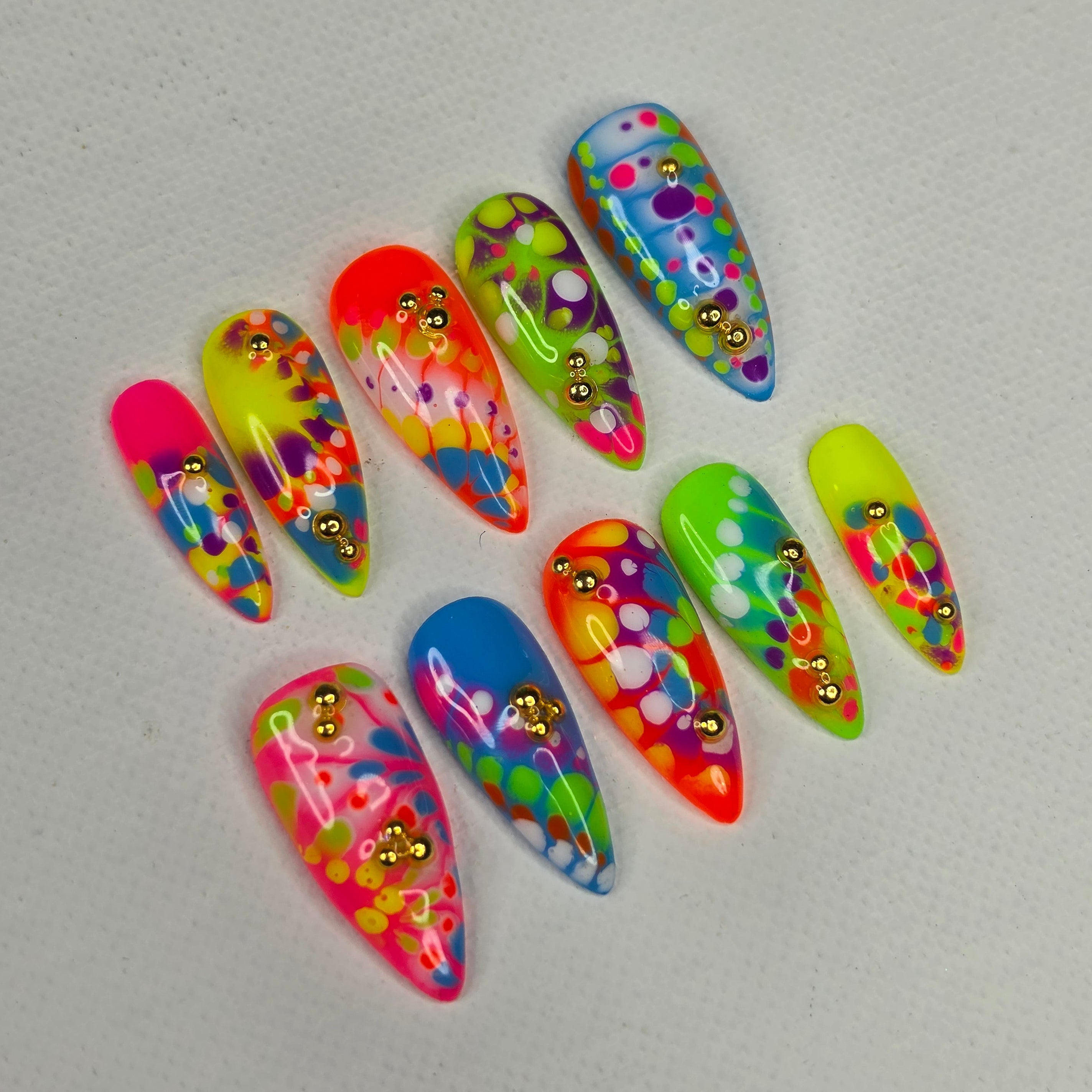 Neon Burst & Gold Studs — Luxury Press On Nails