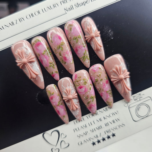 Long Stiletto Press On Nails – Vintage Rose & Lace with Polka Dots & 3D Cross Charms | Gel Nails